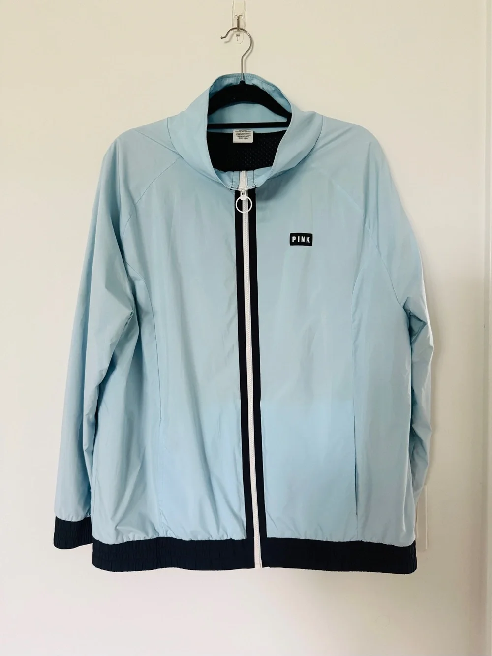 PINK Victoria's Secret Light Blue Windbreaker Jacket with Black Trim